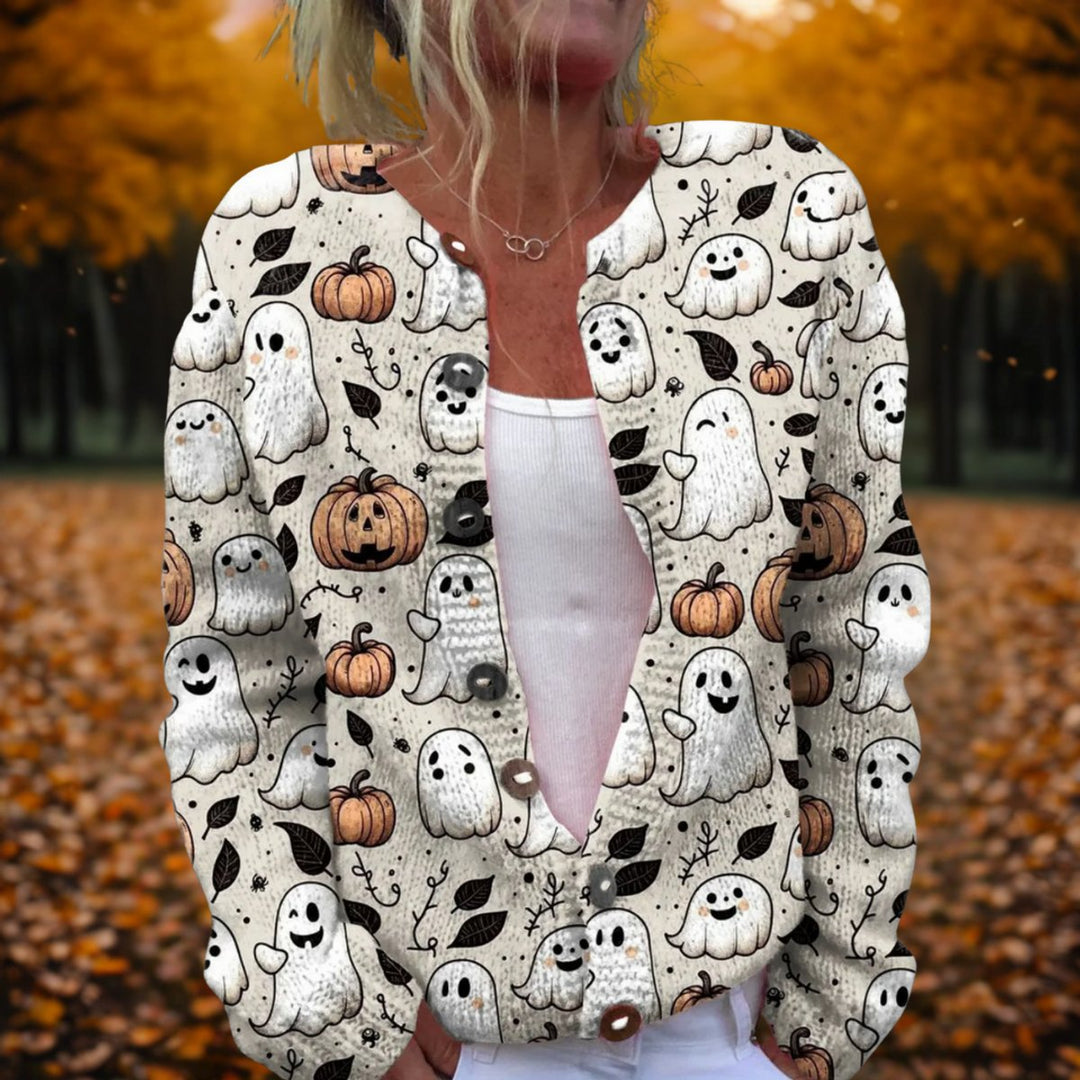 Women's Open-Front Halloween Ghost Pumpkin Print Cardigan - Multicolor