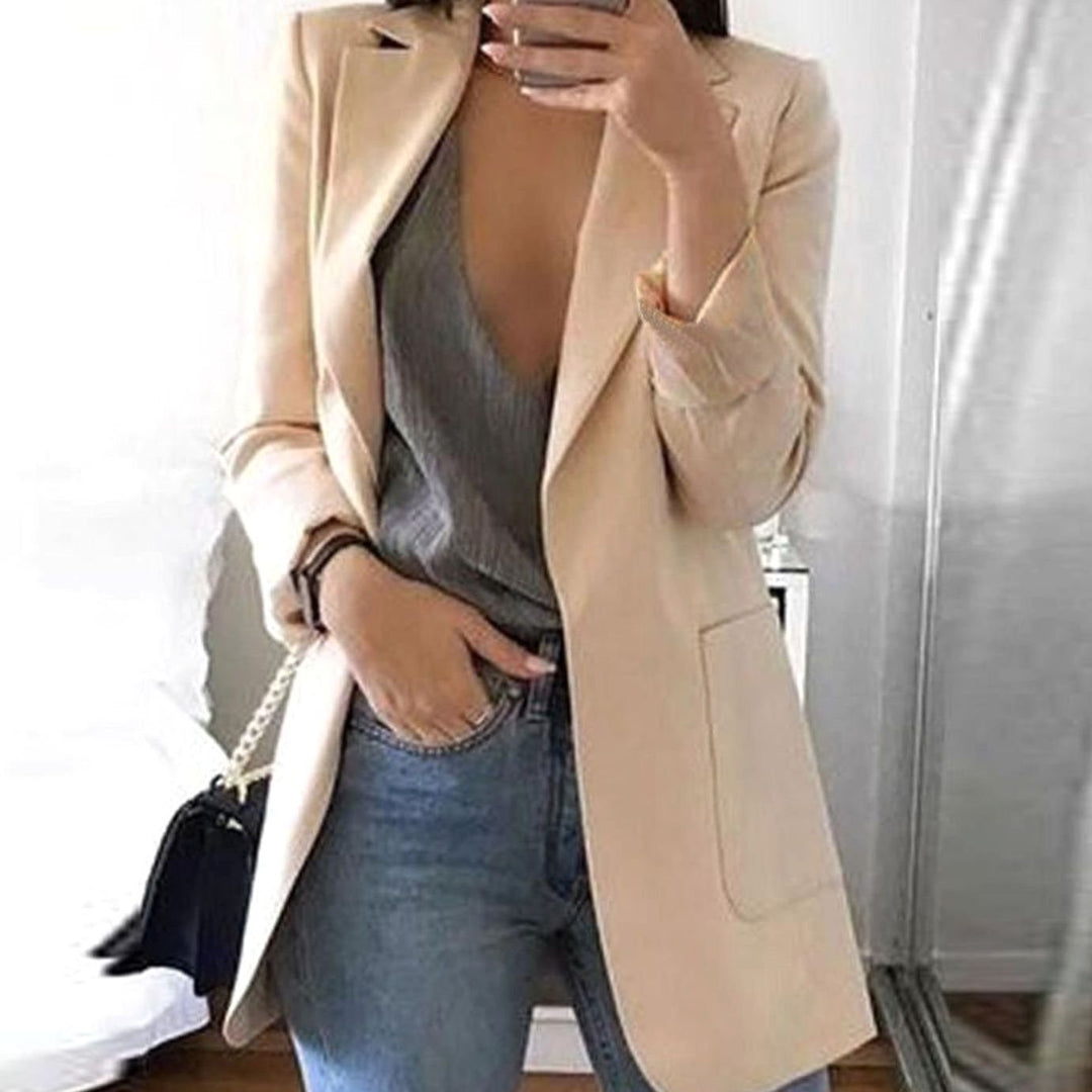 Women's Open-Front Lapel Long-Sleeve Casual Smart Blazer - Apricot