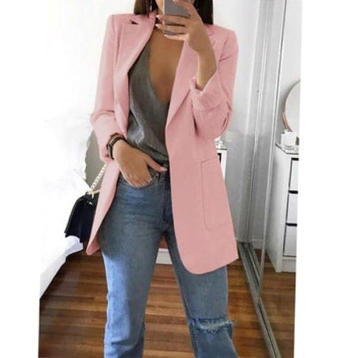 Women's Open-Front Lapel Long-Sleeve Casual Smart Blazer - Pink