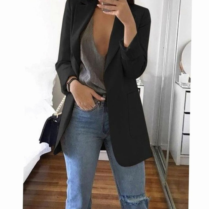 Women's Open-Front Lapel Long-Sleeve Casual Smart Blazer - Black