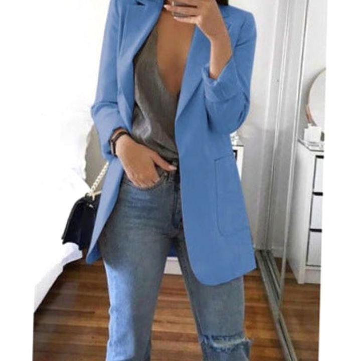 Women's Open-Front Lapel Long-Sleeve Casual Smart Blazer - Blue
