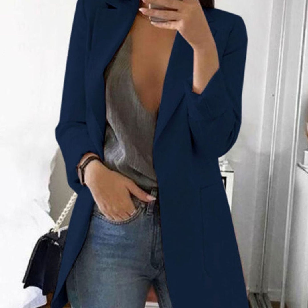 Women's Open-Front Lapel Long-Sleeve Casual Smart Blazer - Dark Blue