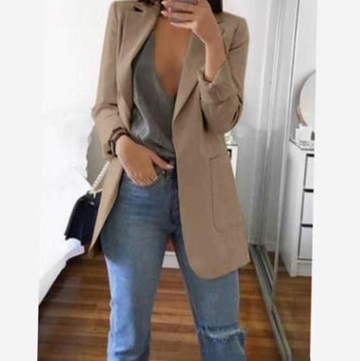 Women's Open-Front Lapel Long-Sleeve Casual Smart Blazer - Khaki