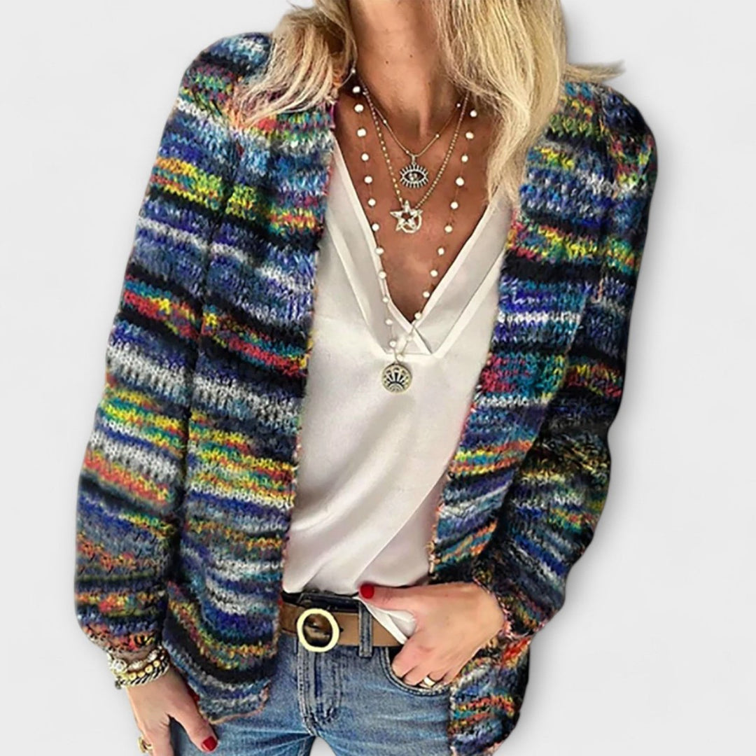 Women's Open-Front Multicolor Striped Knit Cardigan - Blue