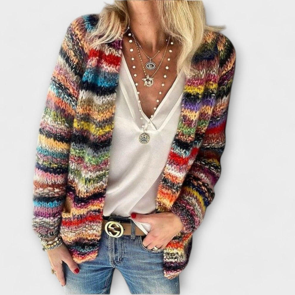 Women's Open-Front Multicolor Striped Knit Cardigan - Red