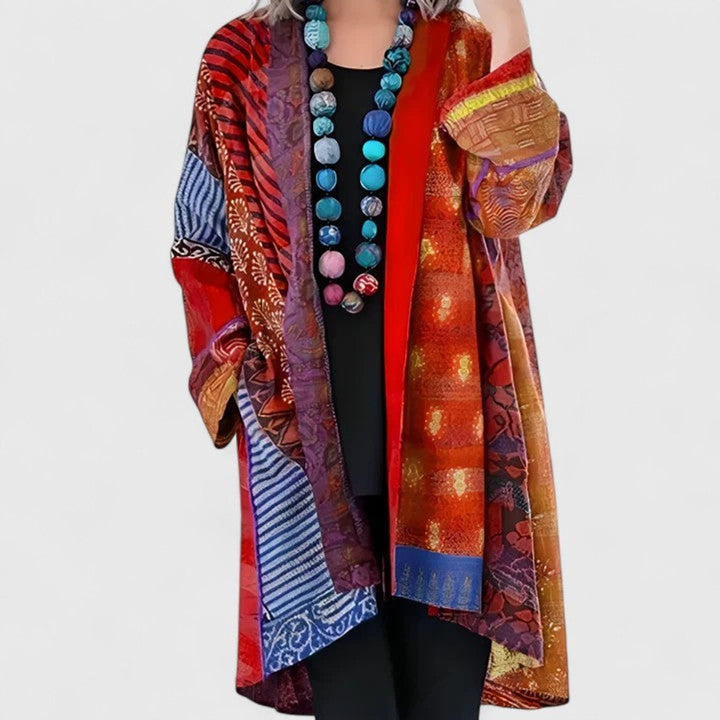 Women's Open-Front Patchwork Print Long Cardigan - Red