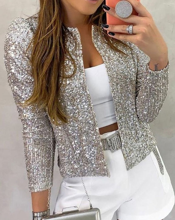 Women's Open Front Sequin Sparkle Party Jacket - Silver