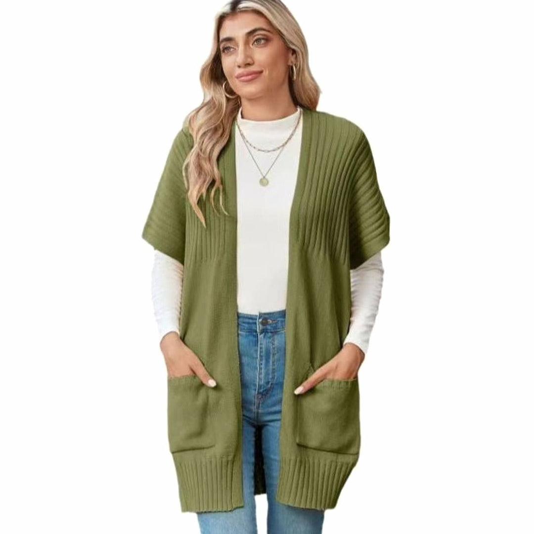 Women's Open-Front Short-Sleeve Knit Cardigan with Pockets - Army Green