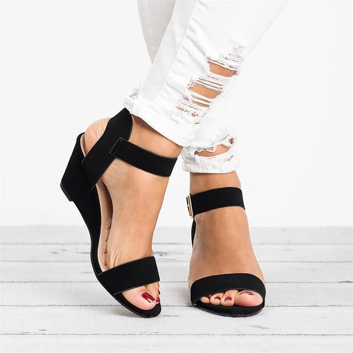 Women's Open-Toe Ankle Strap Wedge Sandals - Black