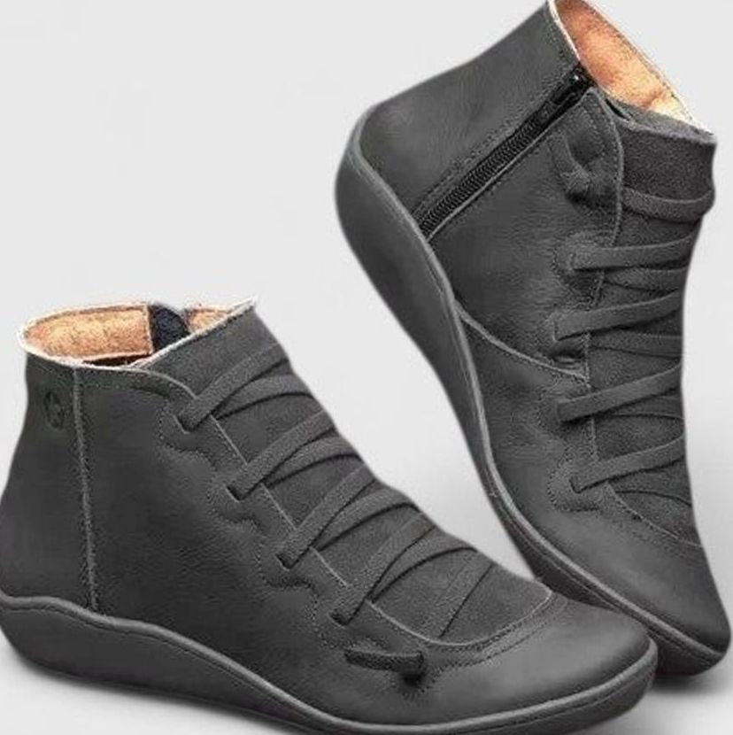 Women's Orthopedic Ankle Boots Lace-Up Side-Zip Booties - Black