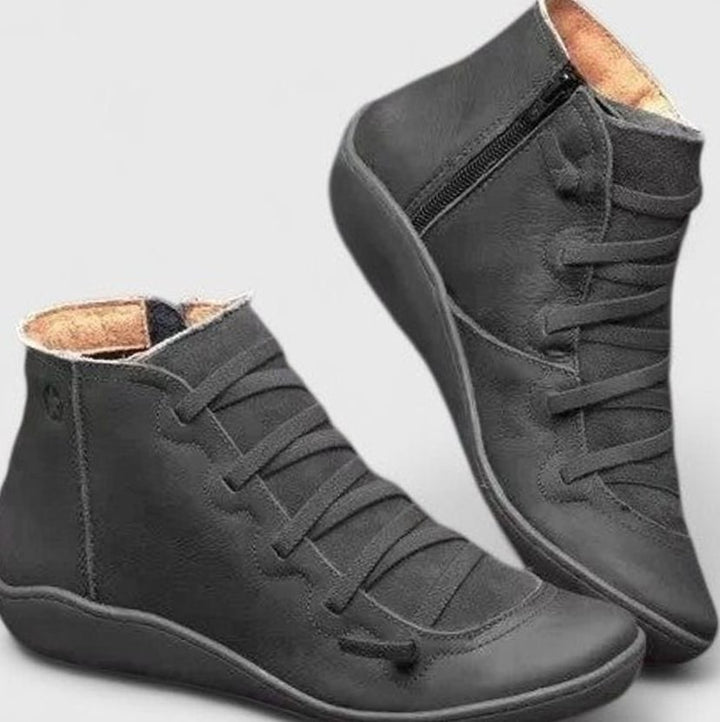 Women's Orthopedic Ankle Boots Lace-Up Side-Zip Booties - Black