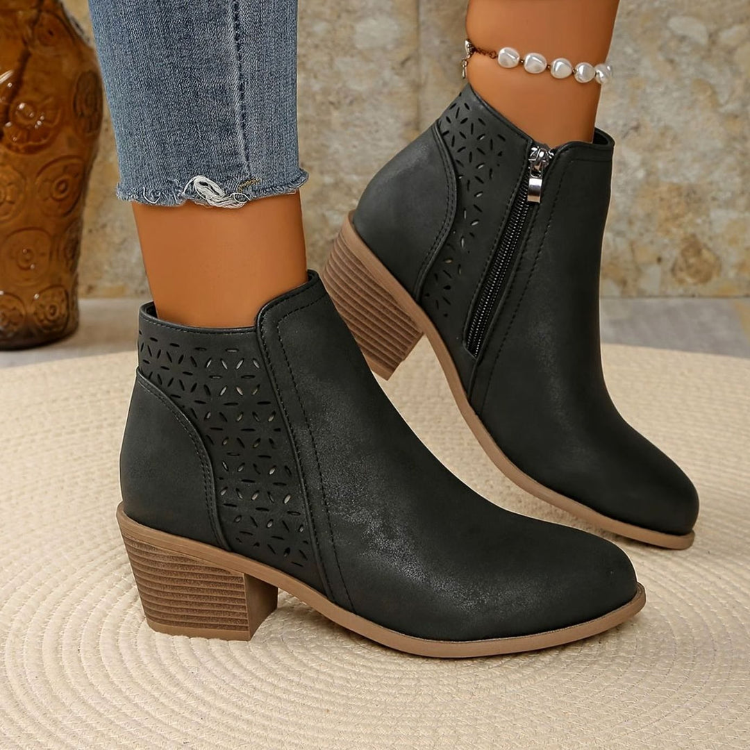 Women's Orthopedic Ankle Boots Laser-Cut Stacked-Heel Side-Zip Booties