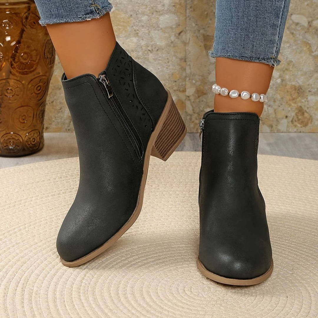 Women's Orthopedic Ankle Boots Laser-Cut Stacked-Heel Side-Zip Booties