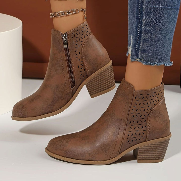 Women's Orthopedic Ankle Boots Laser-Cut Stacked-Heel Side-Zip Booties - Brown