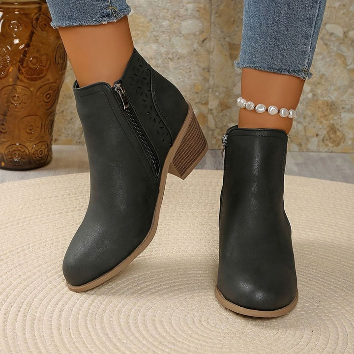Women's Orthopedic Ankle Boots Laser-Cut Stacked-Heel Side-Zip Booties