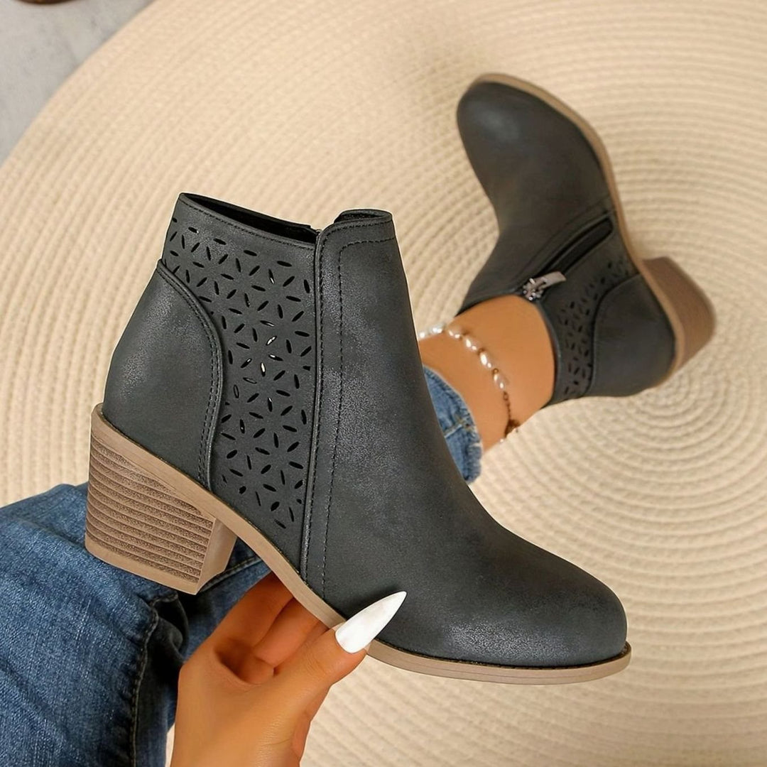 Women's Orthopedic Ankle Boots Laser-Cut Stacked-Heel Side-Zip Booties