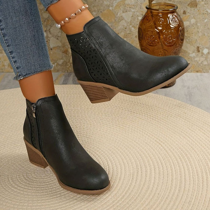 Women's Orthopedic Ankle Boots Laser-Cut Stacked-Heel Side-Zip Booties