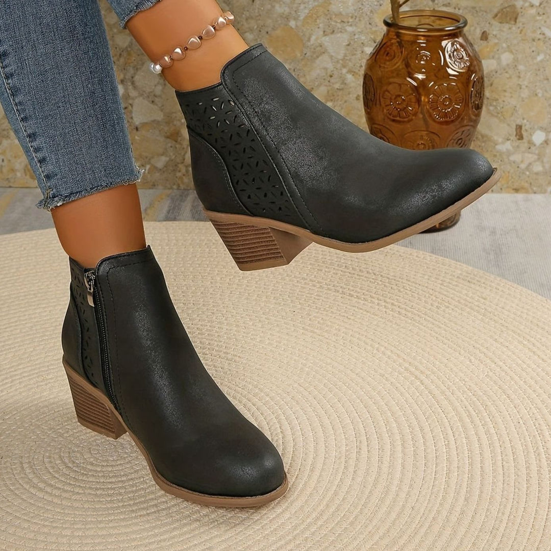 Women's Orthopedic Ankle Boots Laser-Cut Stacked-Heel Side-Zip Booties