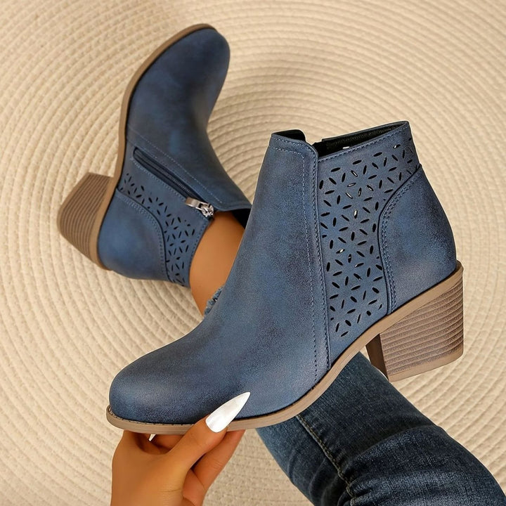 Women's Orthopedic Ankle Boots Laser-Cut Stacked-Heel Side-Zip Booties - Blue