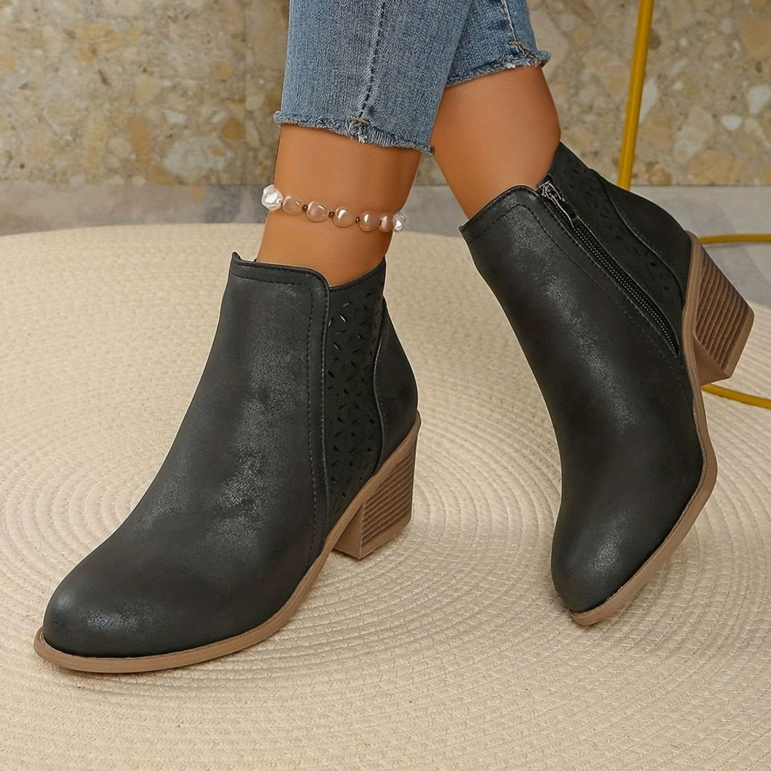 Women's Orthopedic Ankle Boots Laser-Cut Stacked-Heel Side-Zip Booties