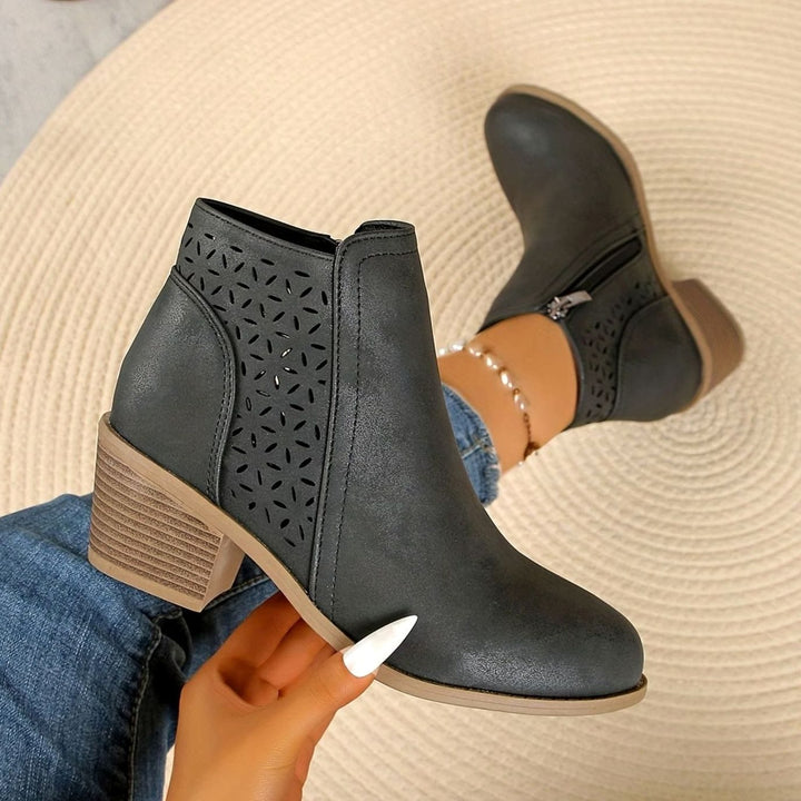 Women's Orthopedic Ankle Boots Laser-Cut Stacked-Heel Side-Zip Booties - Black