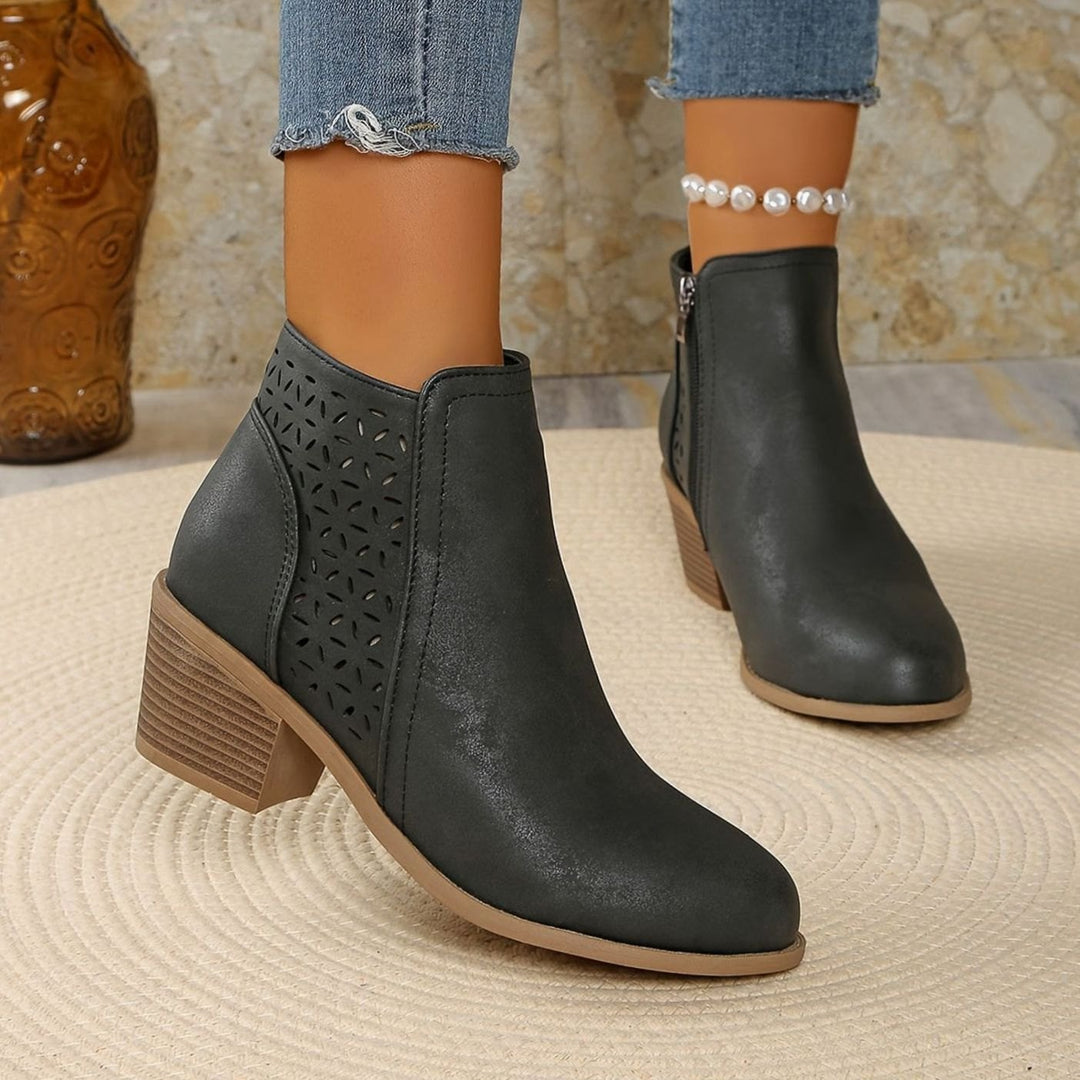 Women's Orthopedic Ankle Boots Laser-Cut Stacked-Heel Side-Zip Booties