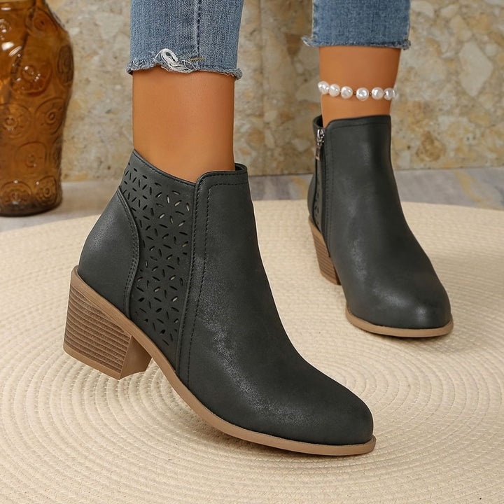 Women's Orthopedic Ankle Boots Laser-Cut Stacked-Heel Side-Zip Booties