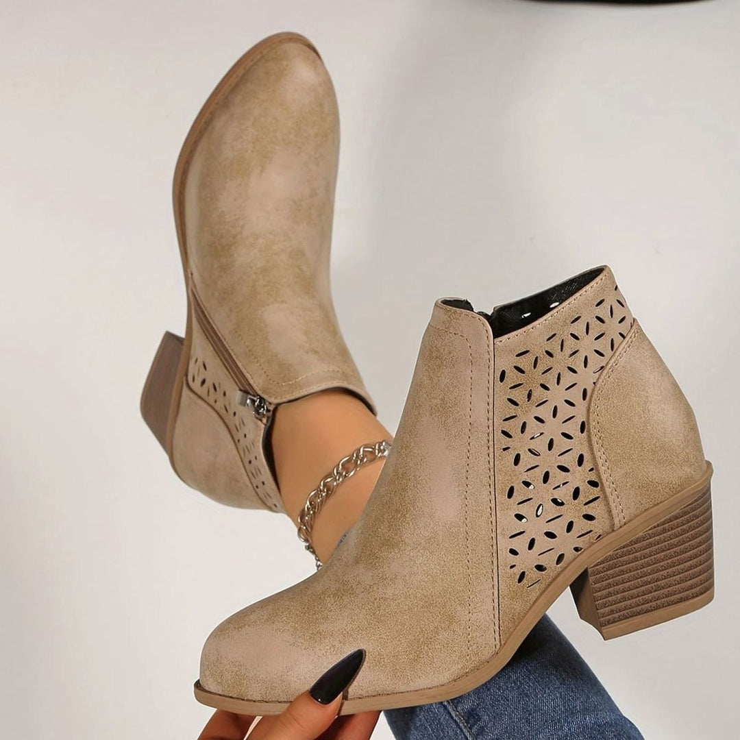 Women's Orthopedic Ankle Boots Laser-Cut Stacked-Heel Side-Zip Booties - Beige