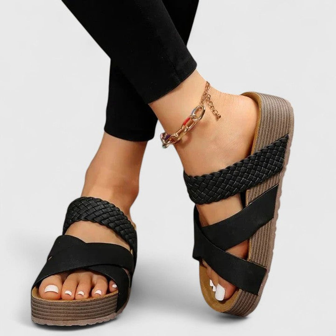 Women's Orthopedic Braided-Strap Platform Comfortable Sandals - Black