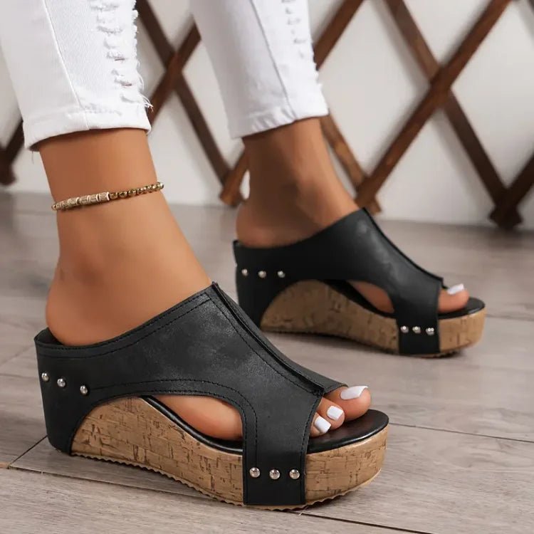 Women's Orthopedic Cork Wedge Open-Toe Slip-On Sandals - Black