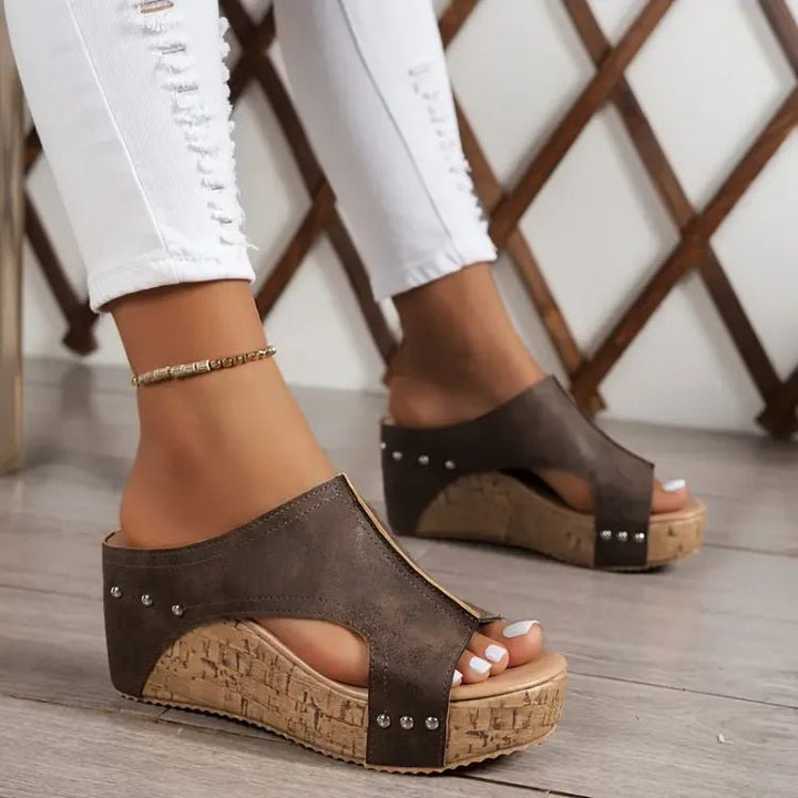 Women's Orthopedic Cork Wedge Open-Toe Slip-On Sandals - Brown