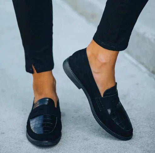 Women's Orthopedic Croc-Textured Slip-On Leather Loafers - Black
