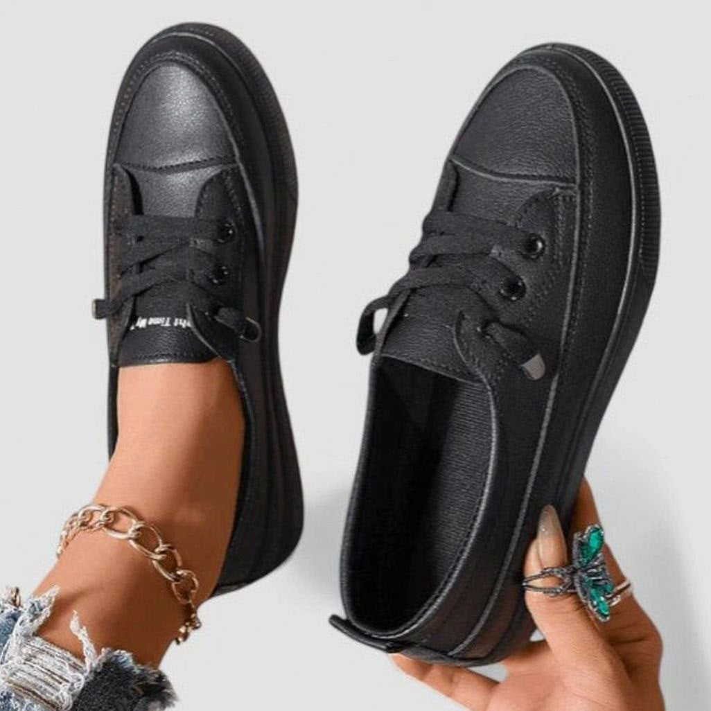 Women's Orthopedic Cushioned Lace-Up Low-Top Sneakers, White - Black