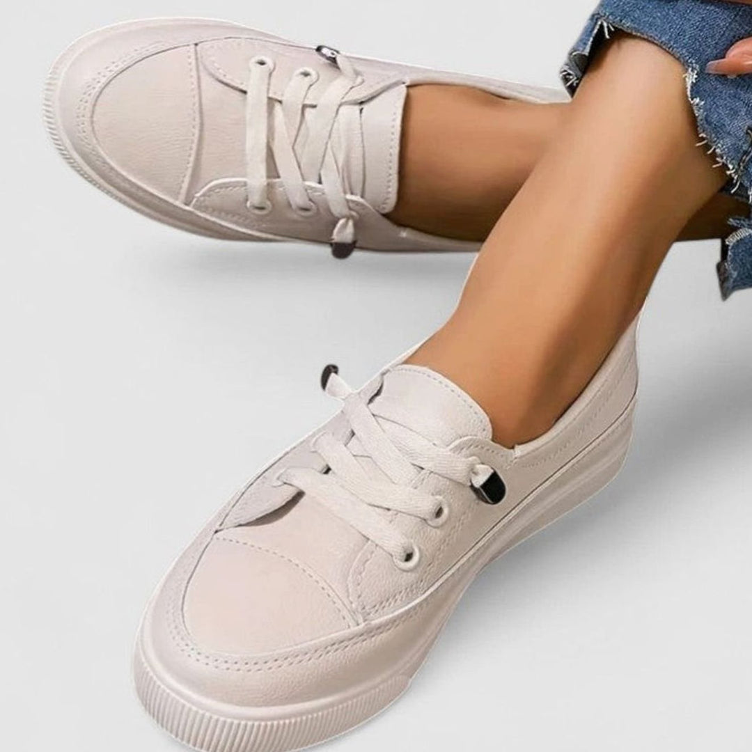 Women's Orthopedic Cushioned Lace-Up Low-Top Sneakers, White - Beige