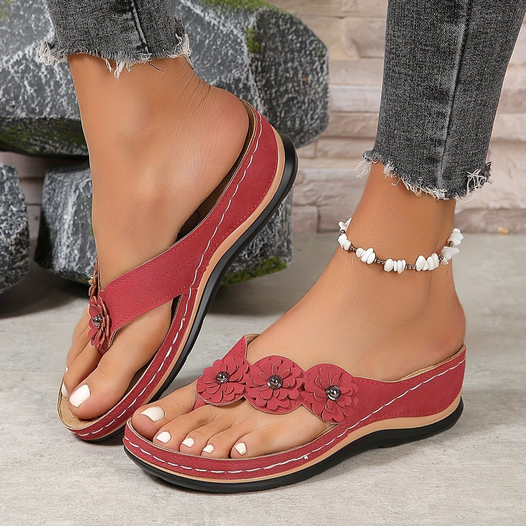 Women's Orthopedic Floral Wedge Flip-Flop Sandals Arch Support - Red