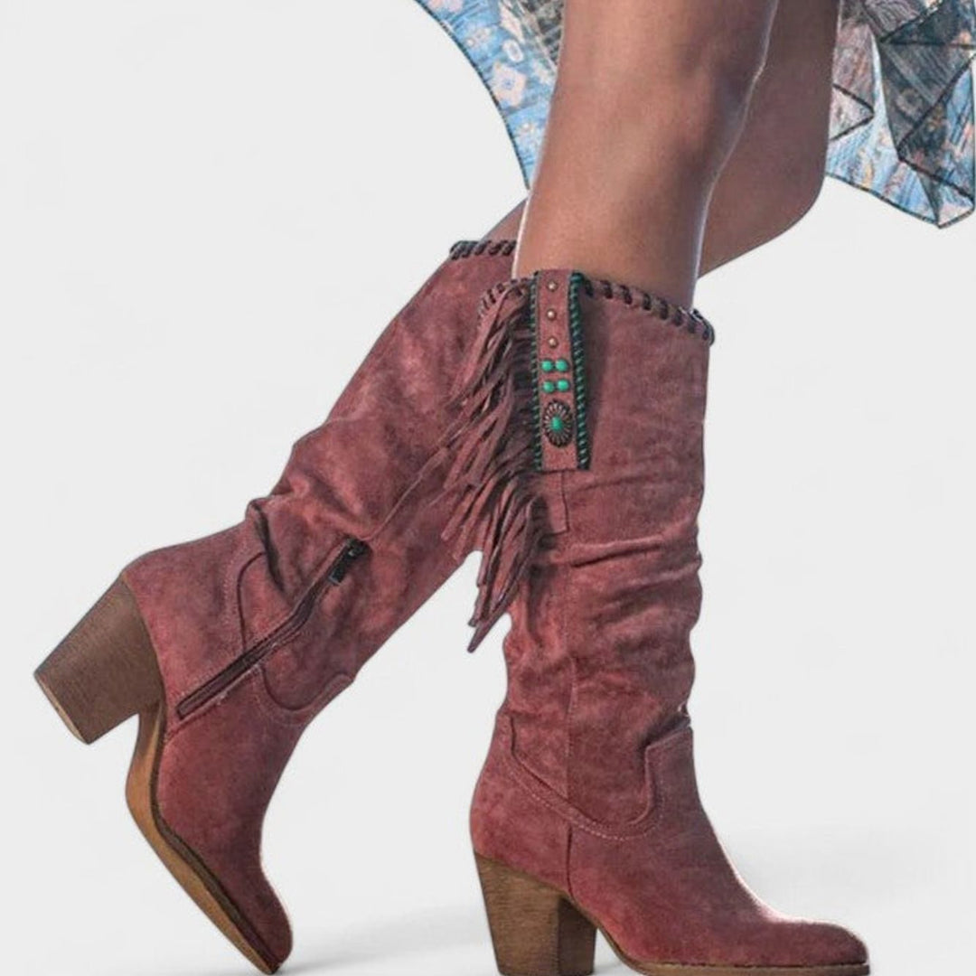 Women's Orthopedic Fringe Cowboy Knee-High Block-Heel Boots - Red