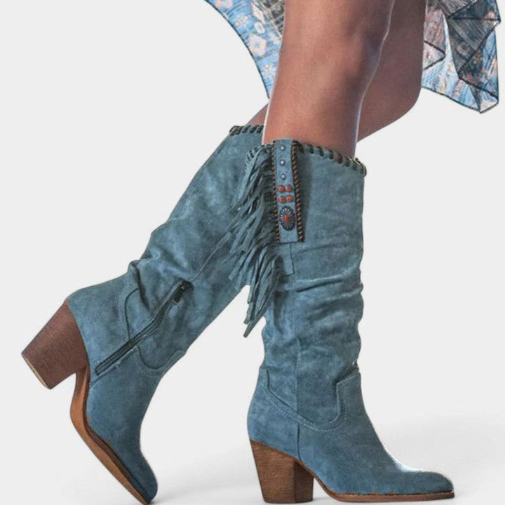 Women's Orthopedic Fringe Cowboy Knee-High Block-Heel Boots - Blue