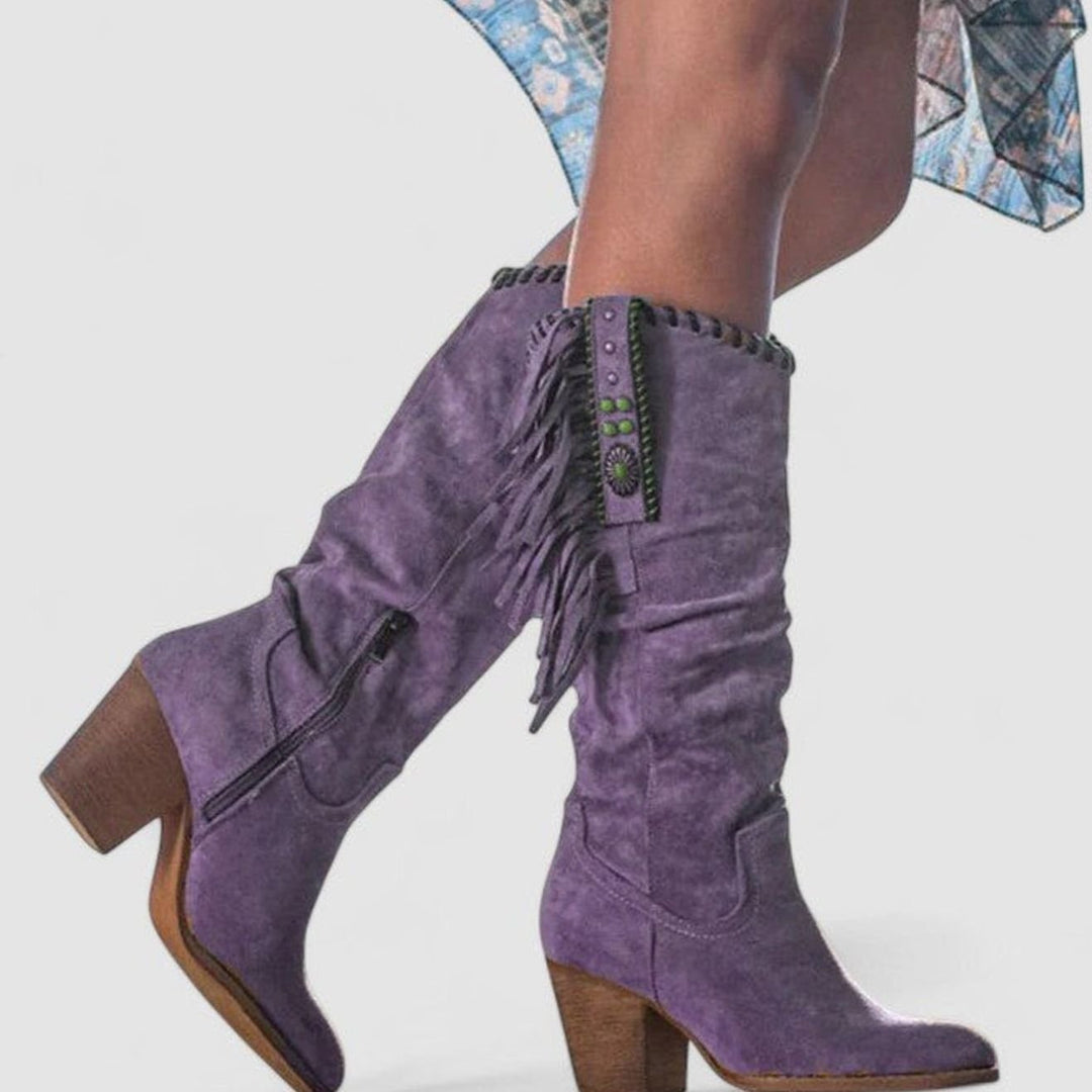 Women's Orthopedic Fringe Cowboy Knee-High Block-Heel Boots - Purple