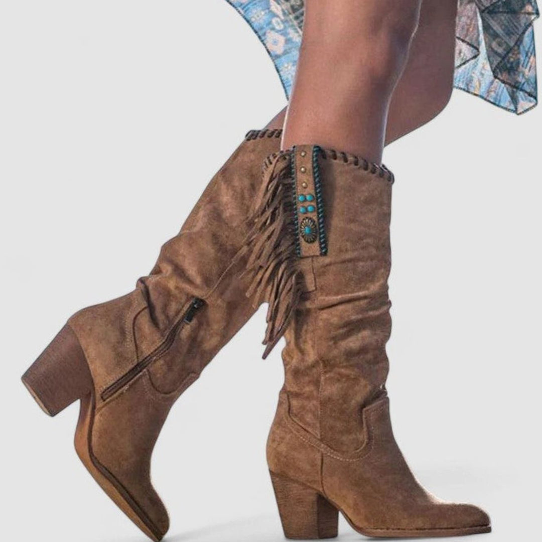 Women's Orthopedic Fringe Cowboy Knee-High Block-Heel Boots - Brown