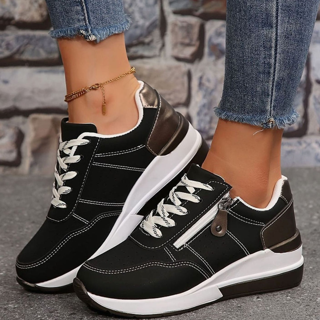 Women's Orthopedic Lace-Up Wedge Platform Walking Sneakers - Black