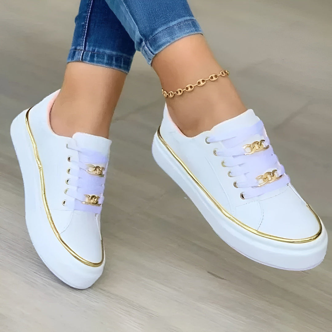 Women's Orthopedic Platform Lace-Up Sneakers Gold Chain Accent - White (almost sold out!)
