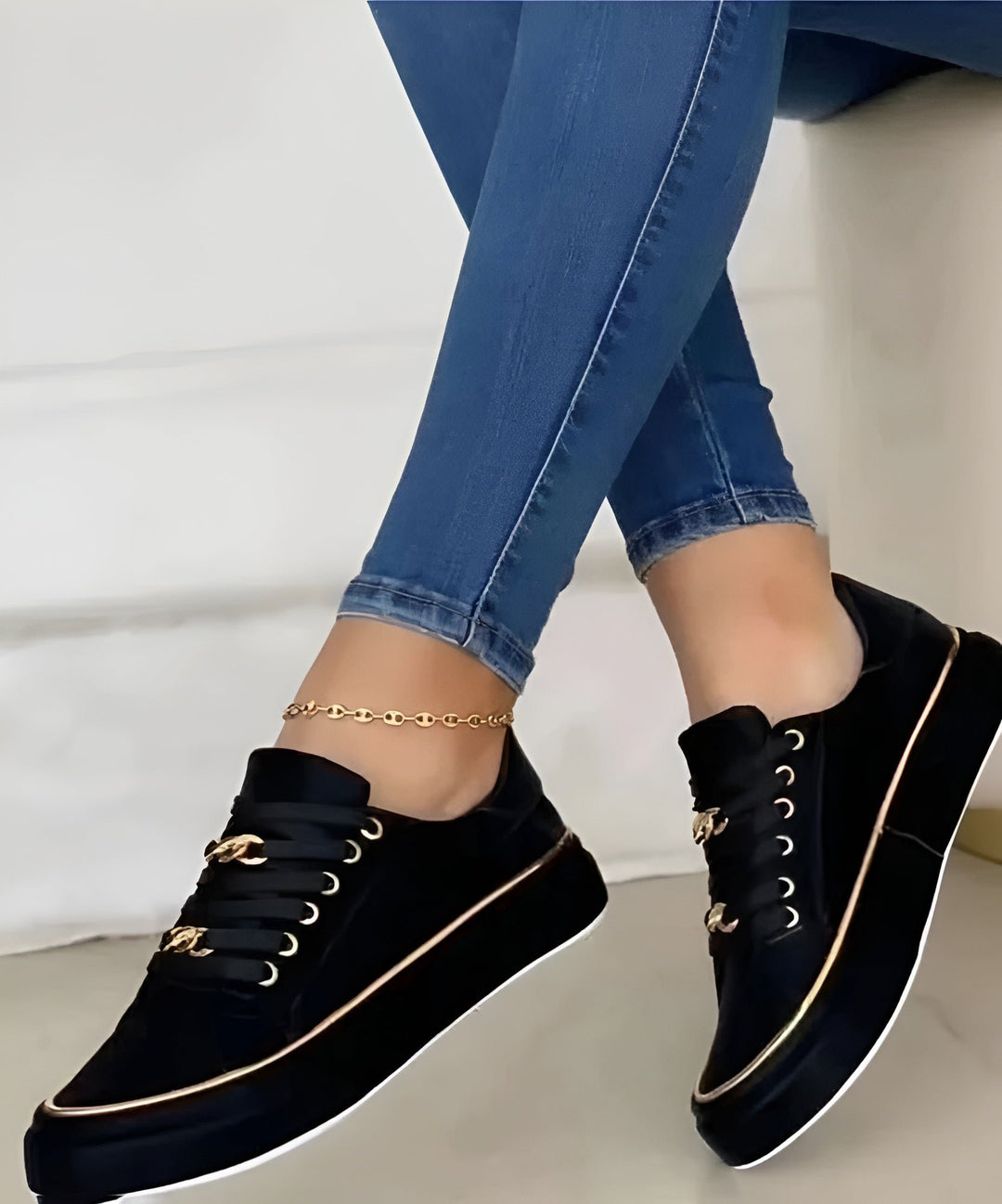 Women's Orthopedic Platform Lace-Up Sneakers Gold Chain Accent - Black (almost sold out!)