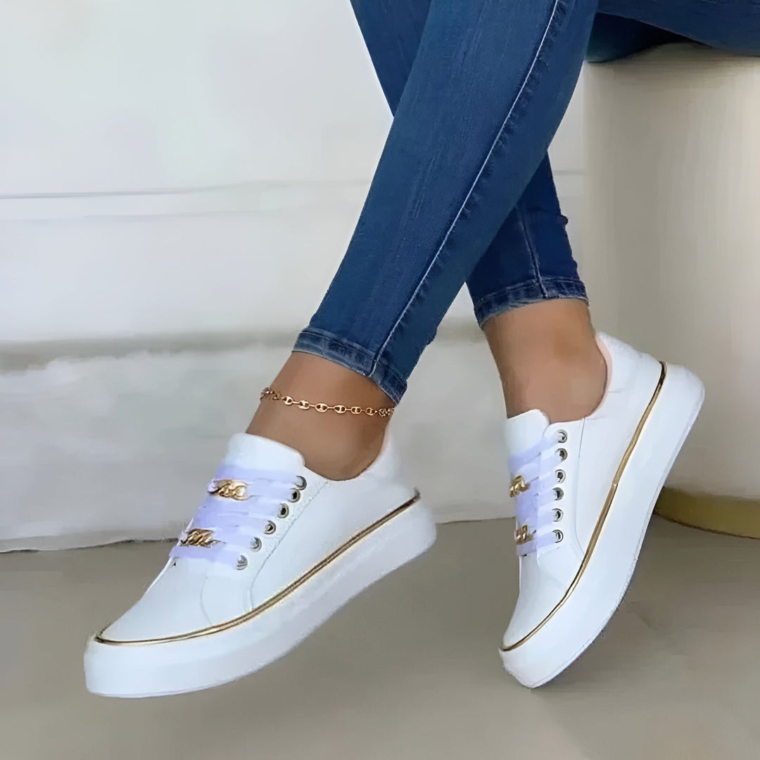 Women's Orthopedic Platform Lace-Up Sneakers Gold Chain Accent