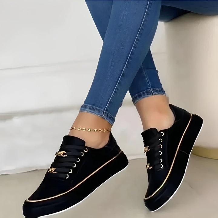 Women's Orthopedic Platform Lace-Up Sneakers Gold Chain Accent