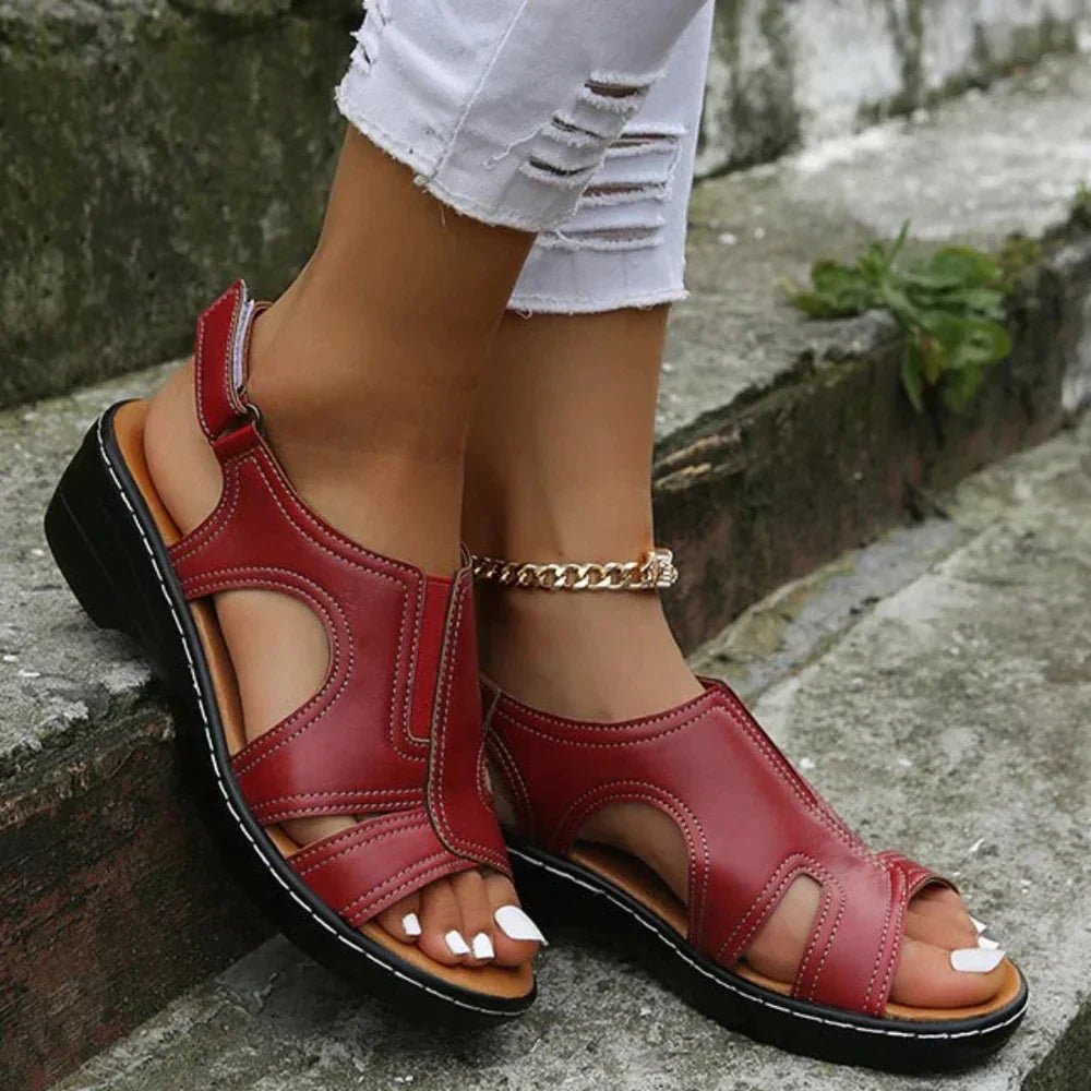 Women's Orthopedic PU Leather Wedge Arch-Support Sandals - Red