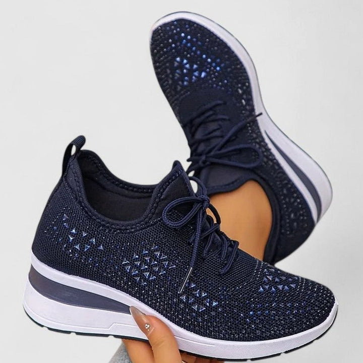 Women's Orthopedic Rhinestone Knit Wedge Sneakers - Dark Blue