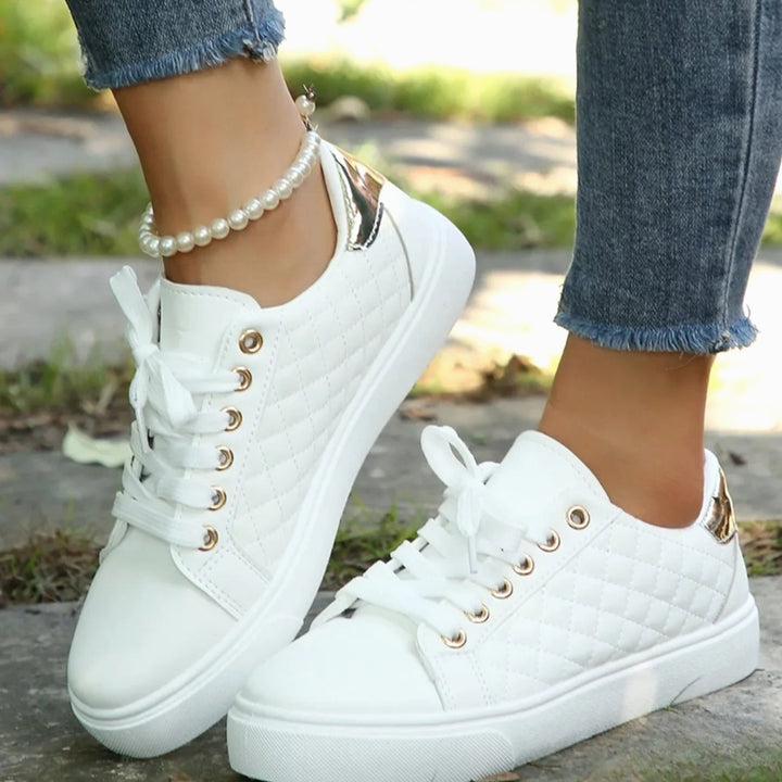 Women's Orthopedic Shoes Quilted Leather Lace-Up Fashion Sneakers - White