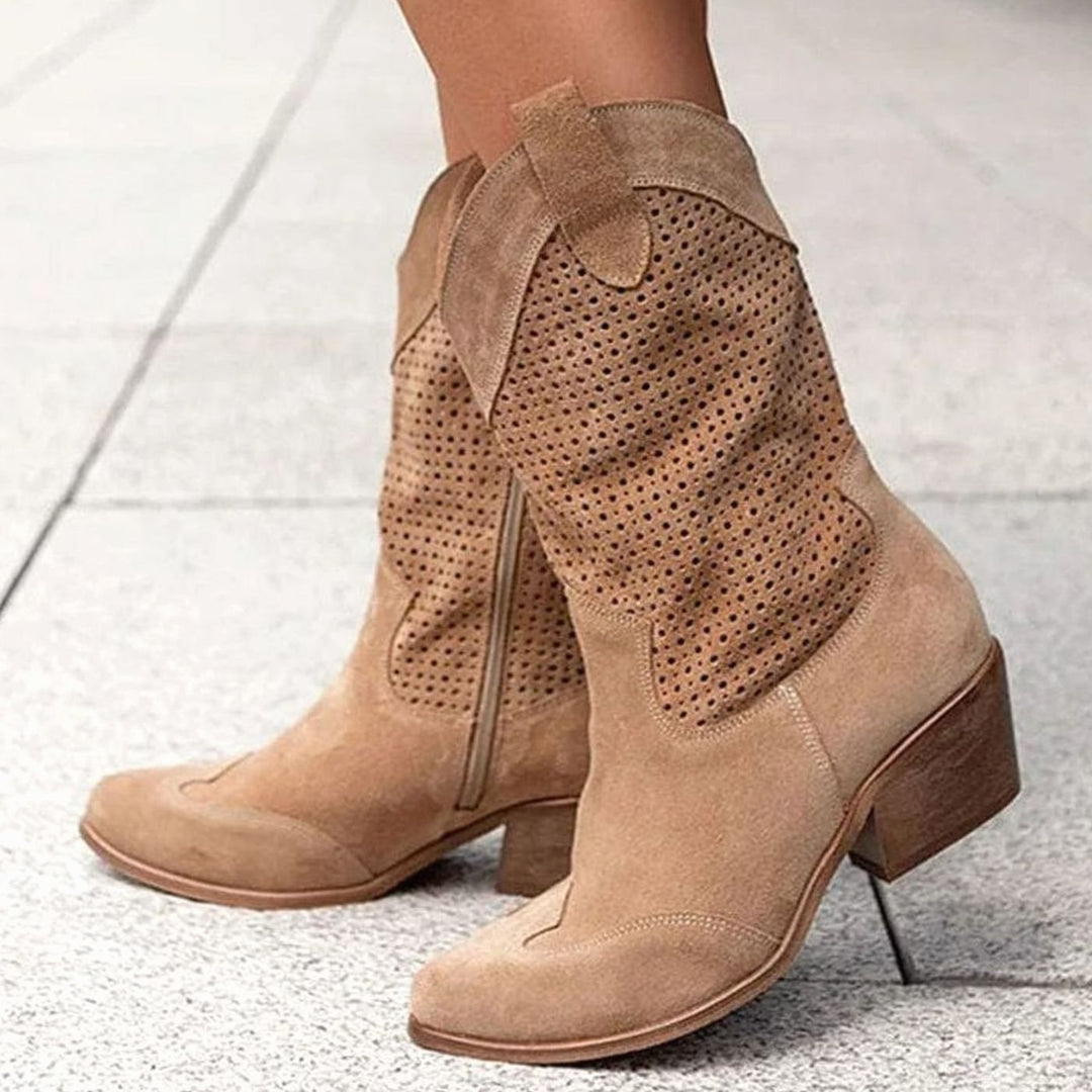 Women's Orthopedic Western Cowboy Perforated Suede Mid-Calf Boots
