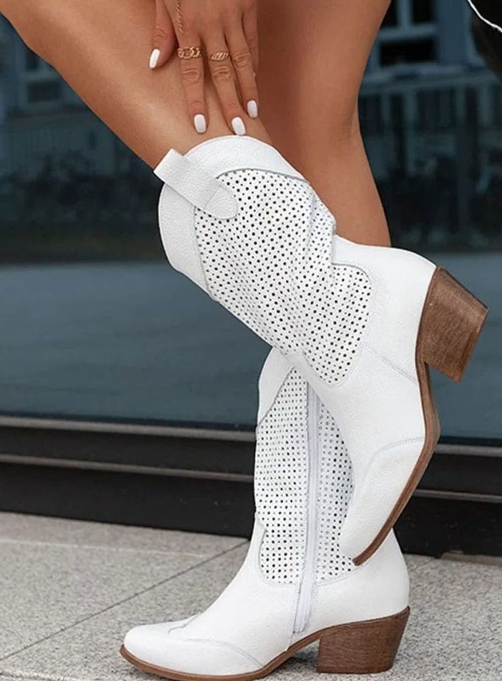 Women's Orthopedic Western Cowboy Perforated Suede Mid-Calf Boots