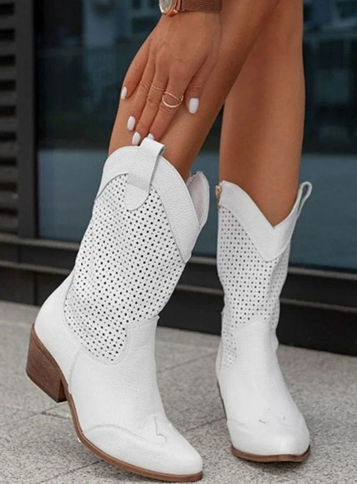 Women's Orthopedic Western Cowboy Perforated Suede Mid-Calf Boots - White